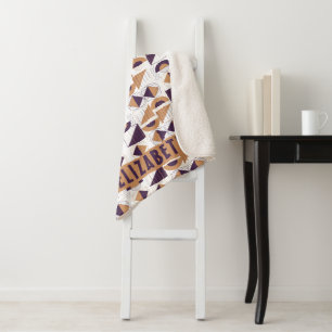 Cobertor Sherpa Minimalista Boho Roxo & Dourado Abstrato Nome Pers