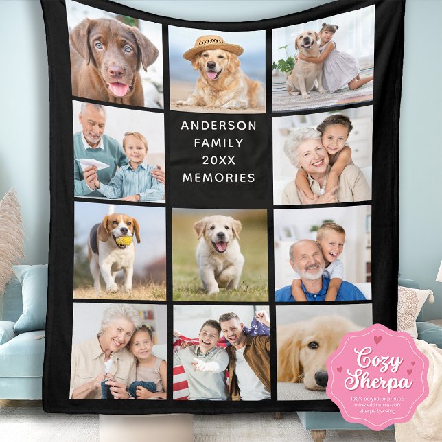 Cobertor Sherpa Modern Family Personalized 11 Photo Collage Black  (Criador carregado)