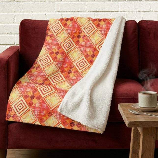 Cobertor Sherpa Modern Geometric Abstract Pattern  (Unique sherpa blanket featuring a geometric abstract pattern with warm terra cotta earth colors)