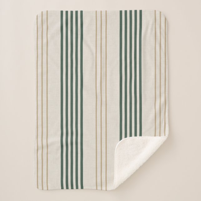 Cobertor Sherpa Modern Green Ticking Stripe Linen Texture (Frente)