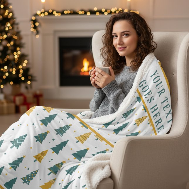 Cobertor Sherpa Modern Teal & Gold Christmas Tree Custom Text (Criador carregado)
