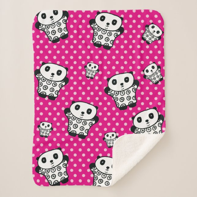 Cobertor Sherpa Moderno Kawaii Panda Bear Rosa Girassol Bolinhas (Frente)