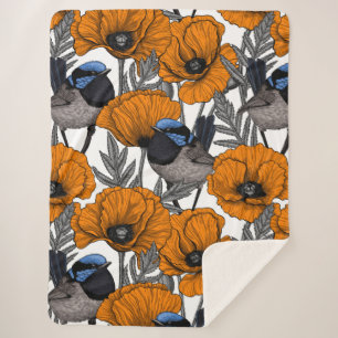 Cobertor Sherpa Moinhos de fada e flores de papoila laranja 2