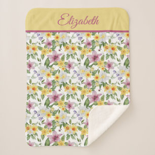 Cobertor Sherpa Monograma Amarelo Amarelo Branco Verde Floral