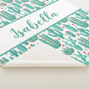 Cobertor Sherpa Monograma branco verde de cacto branco primo