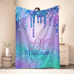 Cobertor Sherpa Monograma chic com brilho em ombre azul roxo