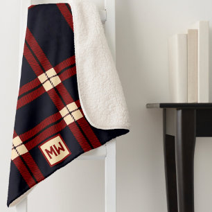Cobertor Sherpa Monograma clássico de xadrezes vermelha, preta e c