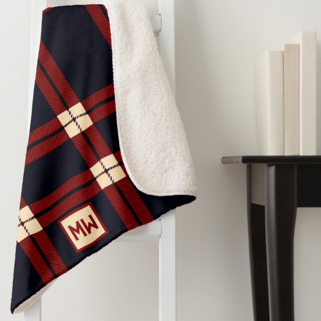 Cobertor Sherpa Monograma clássico de xadrezes vermelha, preta e c (Criador carregado)