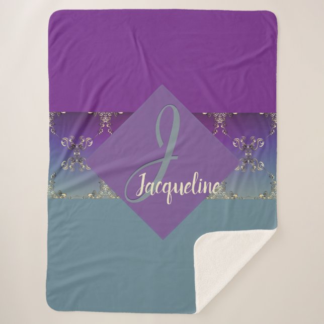 Cobertor Sherpa Monograma com Gradiente Azul Roxo, tipo Fabergè (Frente)