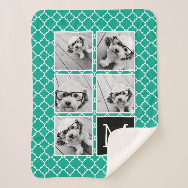 Cobertor Sherpa Monograma da Colagem de Fotografias Emerald & Blac (Frente)