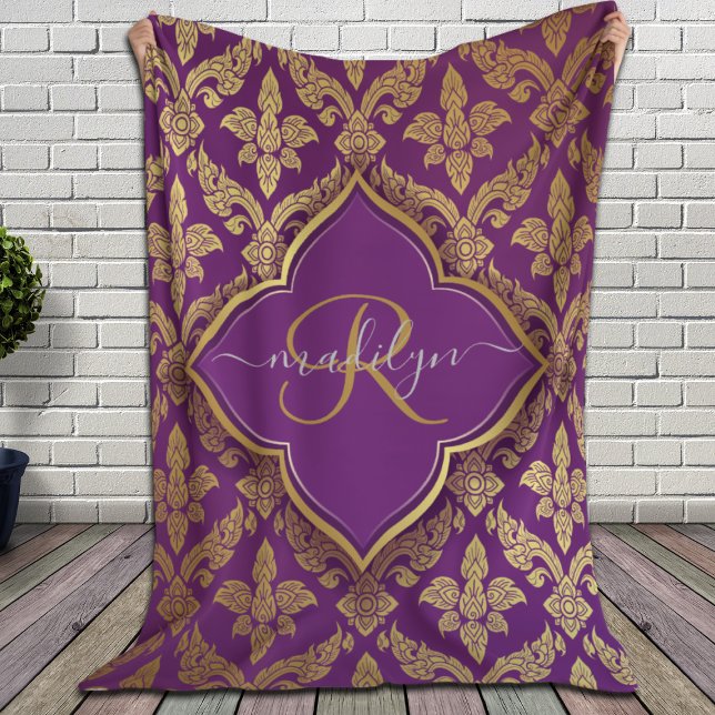 Cobertor Sherpa Monograma da Fleur Dourada Roxo (Criador carregado)