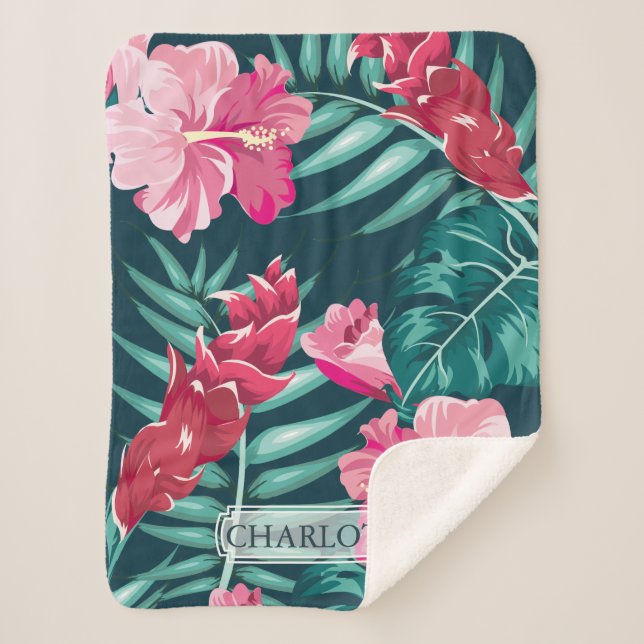 Cobertor Sherpa Monograma das flores exóticas cor-de-rosa (Frente)