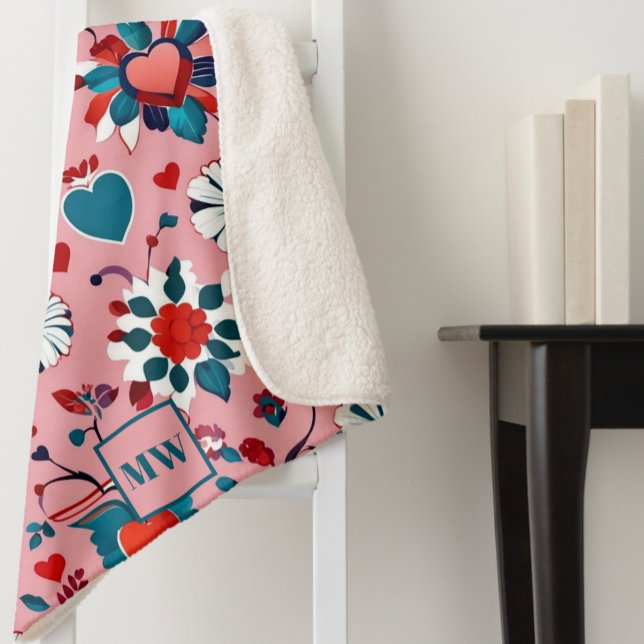Cobertor Sherpa Monograma de coquetes, monograma floral e cardíaco (Criador carregado)