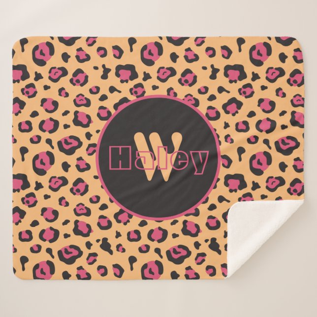 Cobertor Sherpa Monograma de impressão preto-e-rosa (Frente (Horizontal))