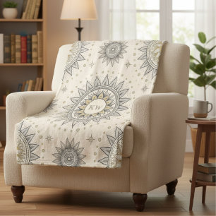 Cobertor Sherpa Monograma de Mandala com Padrão Gray Gold