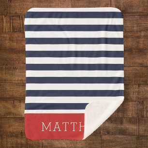 Cobertor Sherpa Monograma de marinhos e Stripes Vermelhas Cores