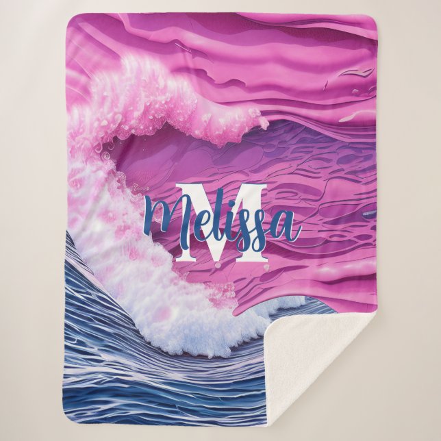 Cobertor Sherpa Monograma de Ondas Oceânicas Rosa abstrato (Frente)