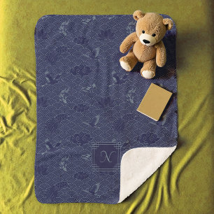 Cobertor Sherpa Monograma de Ondas Tradicionais em Japonês Azul Se