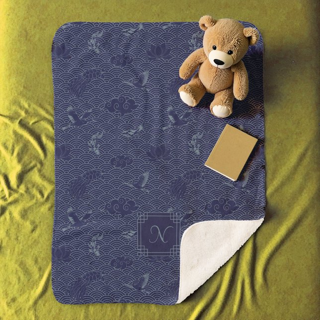 Cobertor Sherpa Monograma de Ondas Tradicionais em Japonês Azul Se (Criador carregado)