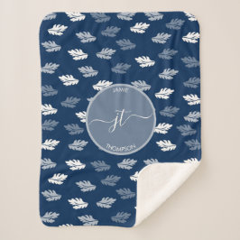 Cobertor Sherpa Monograma de Padrão de Folhas Azul marinho
