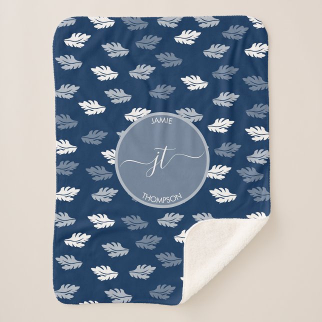 Cobertor Sherpa Monograma de Padrão de Folhas Azul marinho (Frente)