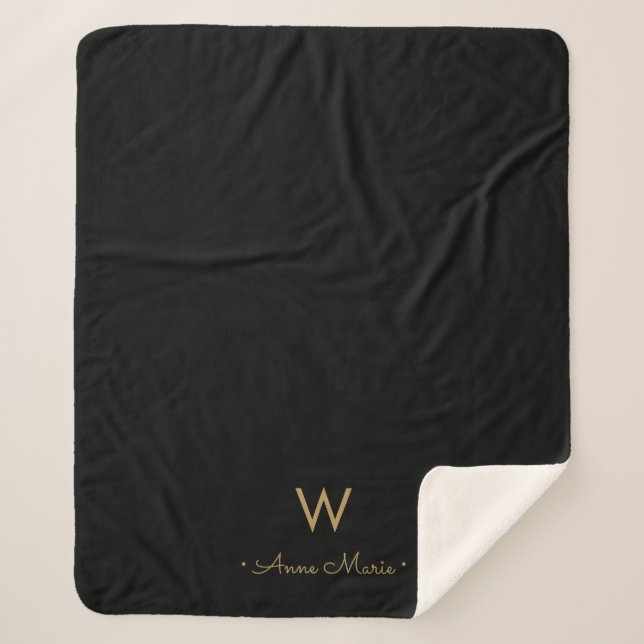 Cobertor Sherpa Monograma de Script Dourado Preto Moderno (Frente)