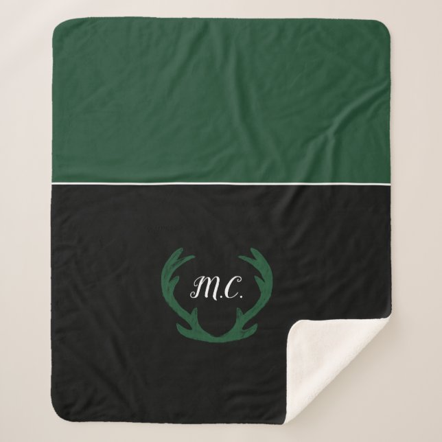 Cobertor Sherpa Monograma de Veados Verdes Modernos (Frente)