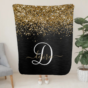 Cobertor Sherpa Monograma Dourado de brilho preto com brilho perso