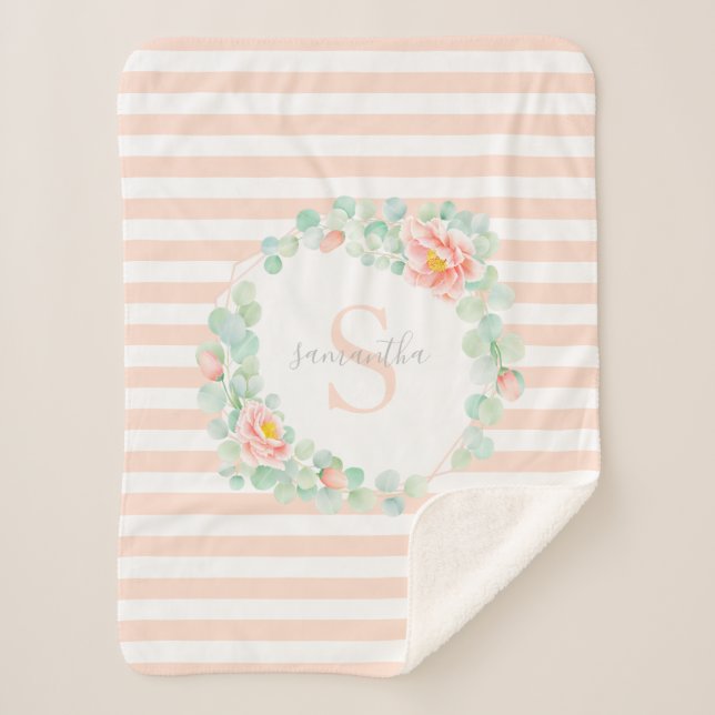 Cobertor Sherpa Monograma Eucalyptus Deixa Bandas Florais (Frente)