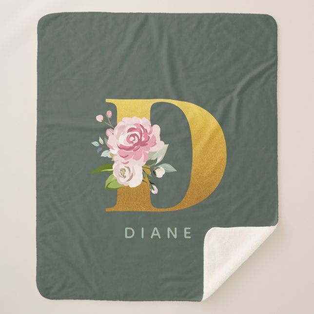 Cobertor Sherpa Monograma Floral Personalizado Faux Dourado Letra  (Frente)