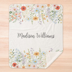 Cobertor Sherpa Monograma Flores Silvestres Florais Botânicas Aqua