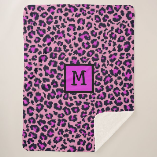 Cobertor Sherpa Monograma Leopard Impressão inicial Roxo (Frente)