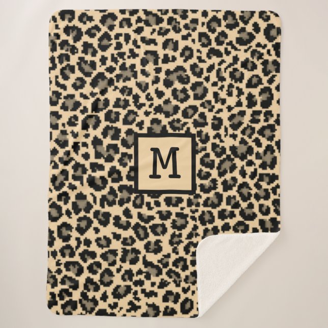 Cobertor Sherpa Monograma Leopard Imprimir Animal Elegante Inicial (Frente)
