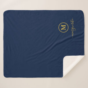 Cobertor Sherpa Monograma marinho Azul e Dourado