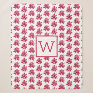 Cobertor Sherpa Monograma Natal Red Poinsetta Floral White
