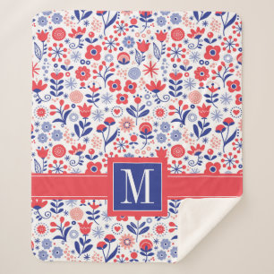 Cobertor Sherpa Monograma Padrão Floral Azul e Coral