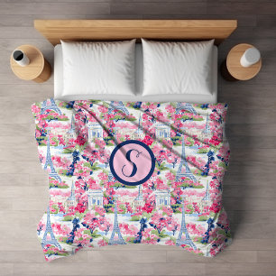 Cobertor Sherpa Monograma Padrão Paris Rosa e Azul