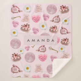 Cobertor Sherpa Monograma Personalizado Coquette Rosa Moon Feminin