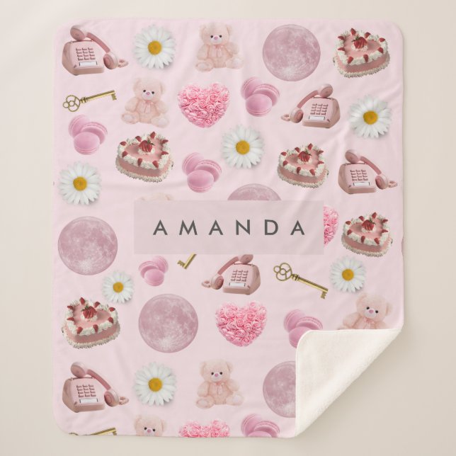 Cobertor Sherpa Monograma Personalizado Coquette Rosa Moon Feminin (Frente)