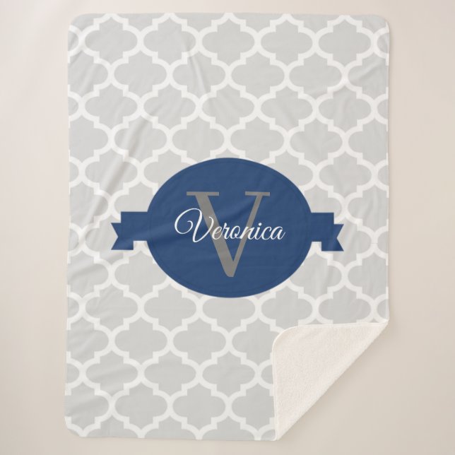 Cobertor Sherpa Monograma Personalizado de Quatrefoil Azul (Frente)