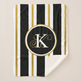 Cobertor Sherpa Monograma Personalizado de Stripes Negras e Dourad