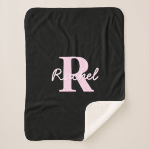 Cobertor Sherpa Monograma Personalizável Fofo Rosa Claro e Preto