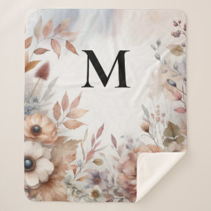 Cobertor Sherpa Monograma Queda Folhas e flores aquarela