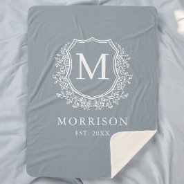 Cobertor Sherpa Monograma Rústico Crista Azul Empoeirada Casamento