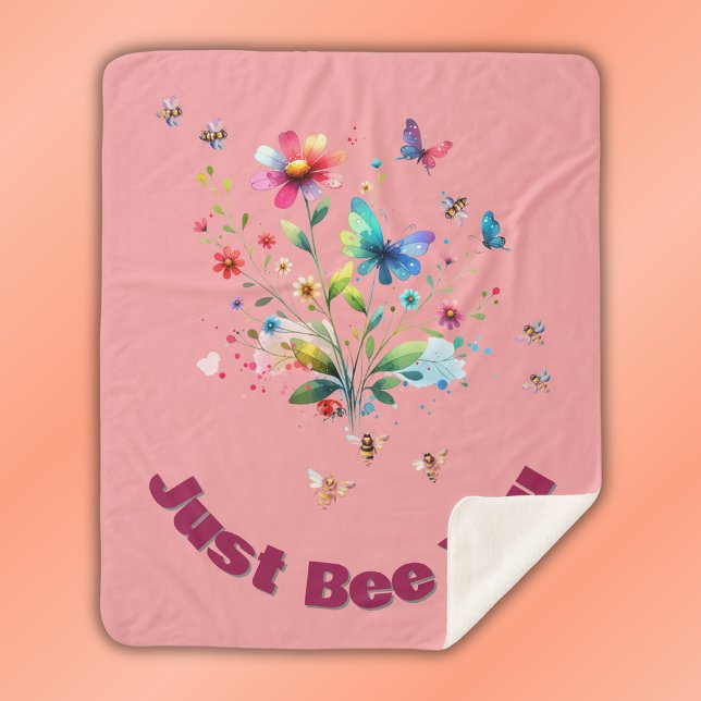 Cobertor Sherpa Monograma Simples Floral de Aquarela, Abelha a ros (Criador carregado)