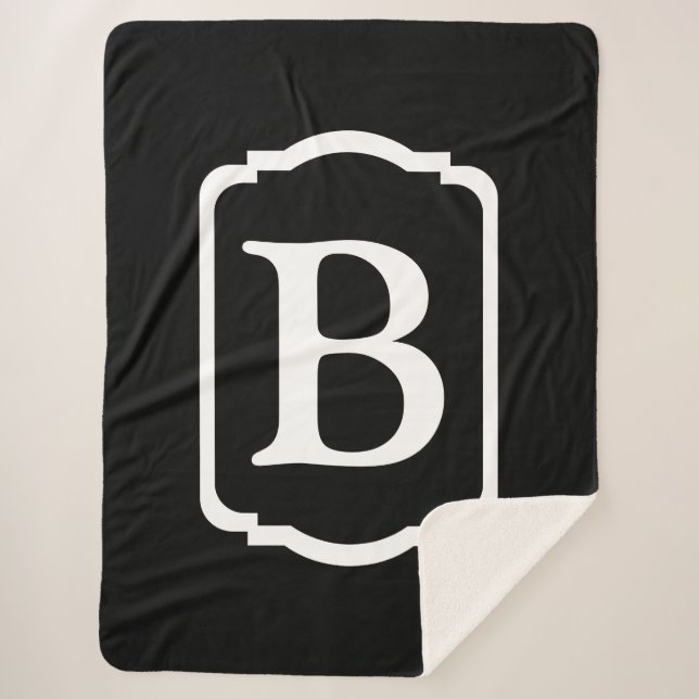 Cobertor Sherpa Monograma Simples Preto e Branco Emoldurado (Frente)