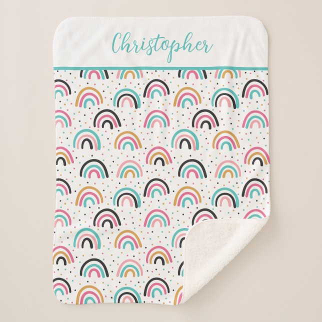 Cobertor Sherpa Monogramas Boho Rainbows Teal Orange (Frente)