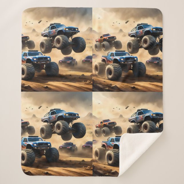 Cobertor Sherpa Monster Trucks Correndo No Deserto, (Frente)