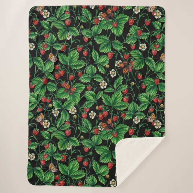 Cobertor Sherpa Morangos selvagens a preto (Frente)