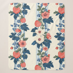 Cobertor Sherpa Morangos Vintage e Folhas Azuis Padrão Floral
